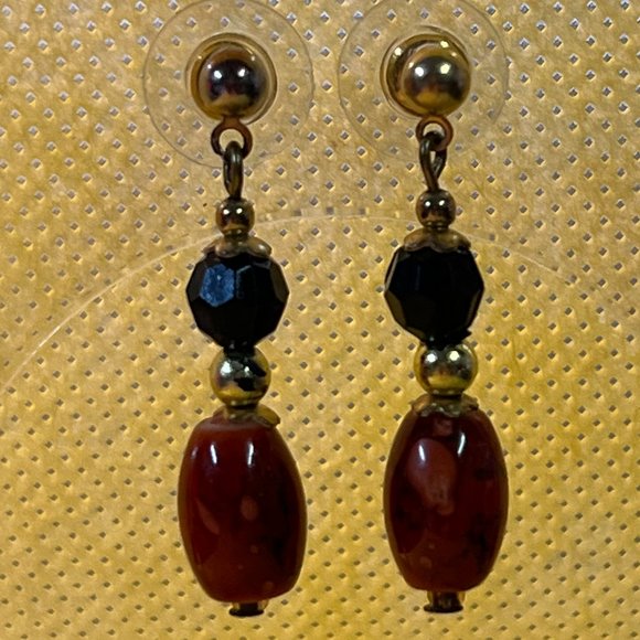 Orange, Black and Gold Tone Post Pierced Earrings - Picture 2 of 4